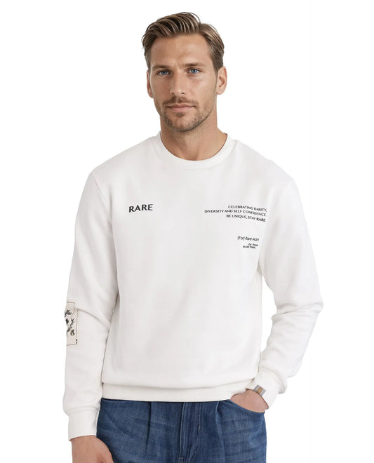 Rare Rabbit Men's Spade White Cotton Blend Typography Print Boxy Fit Full Sleeve Crew Neck Sweatshirt
