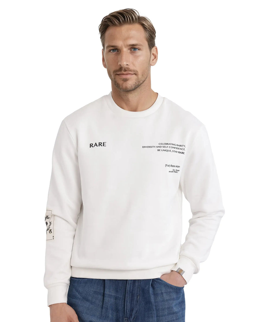 Rare Rabbit Men's Spade White Cotton Blend Typography Print Boxy Fit Full Sleeve Crew Neck Sweatshirt