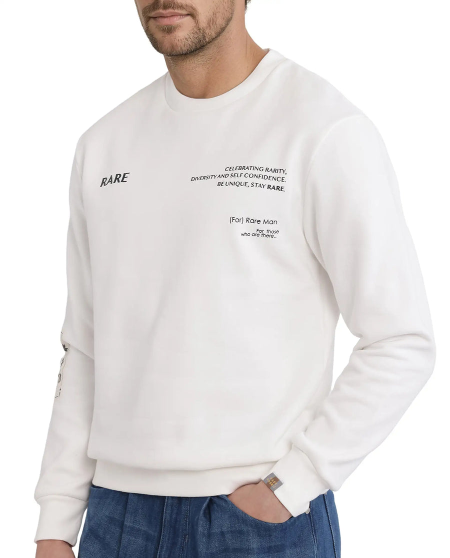 Rare Rabbit Men's Spade White Cotton Blend Typography Print Boxy Fit Full Sleeve Crew Neck Sweatshirt