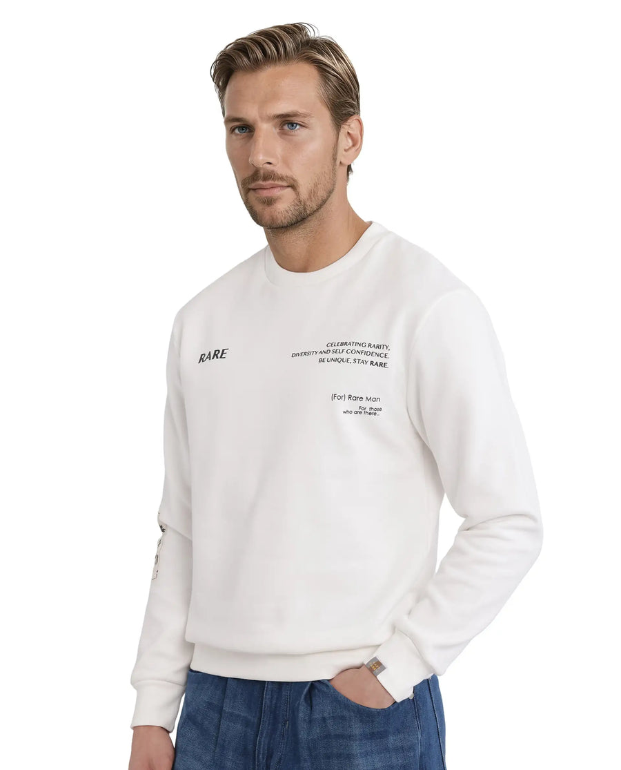 Rare Rabbit Men's Spade White Cotton Blend Typography Print Boxy Fit Full Sleeve Crew Neck Sweatshirt