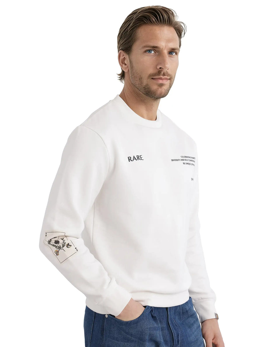 Rare Rabbit Men's Spade White Cotton Blend Typography Print Boxy Fit Full Sleeve Crew Neck Sweatshirt