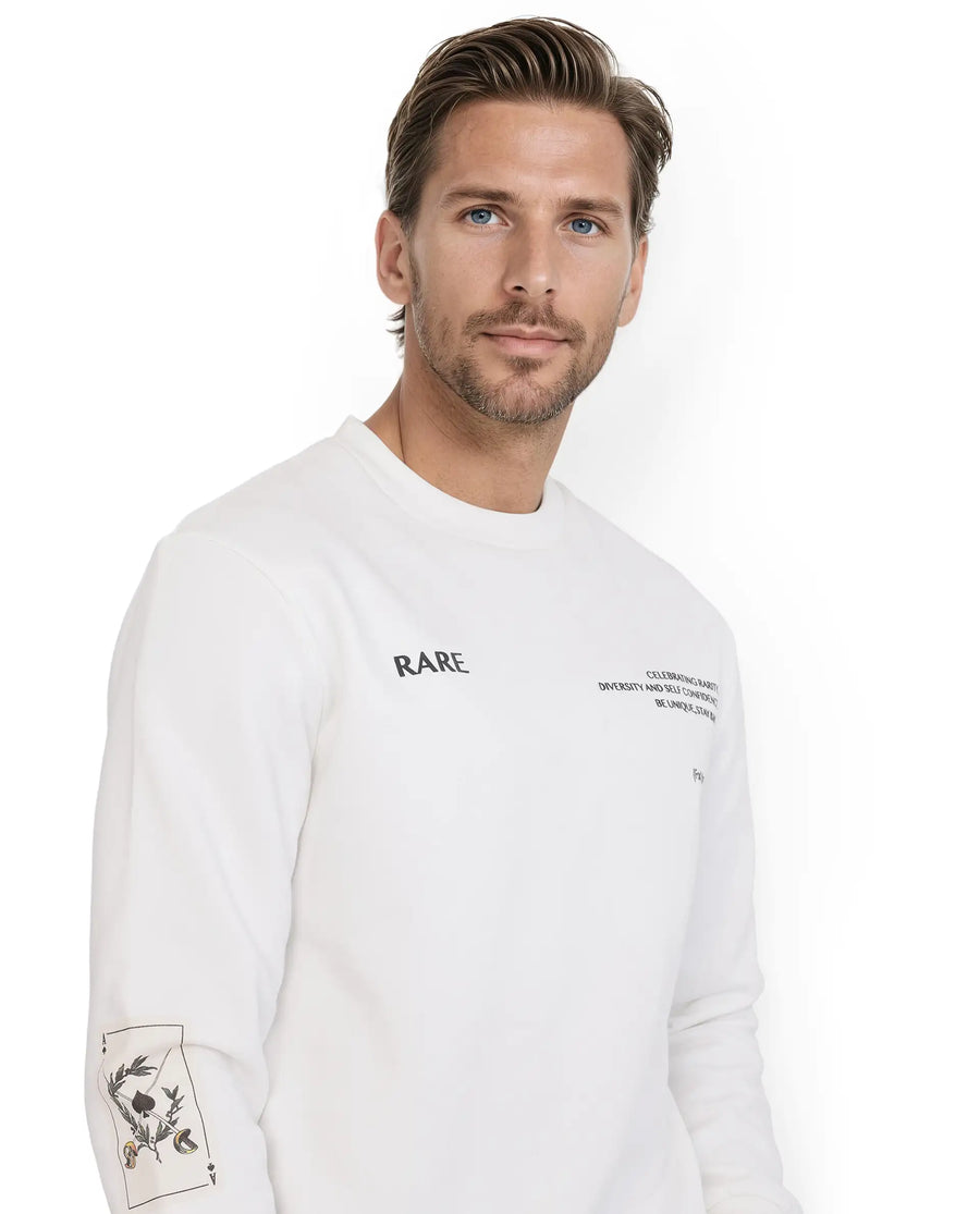 Rare Rabbit Men's Spade White Cotton Blend Typography Print Boxy Fit Full Sleeve Crew Neck Sweatshirt