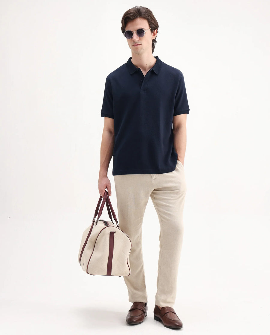 Rare Rabbit Men's Spec Navy Twill Plain Oversized Fit Half Sleeve Polo