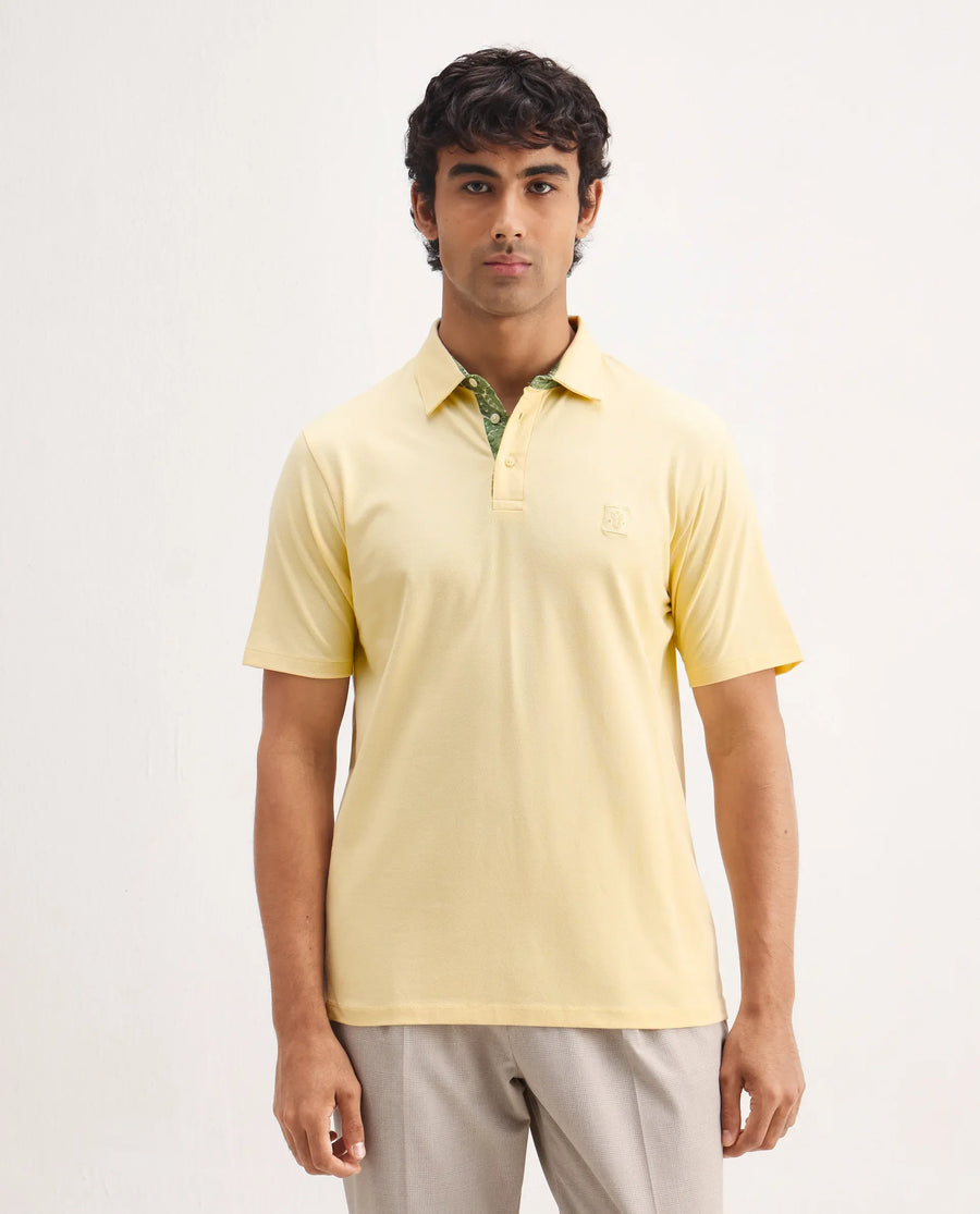 Rare Rabbit Men's Spencer Yellow Cotton Plain Regular Fit Half Sleeve Polo