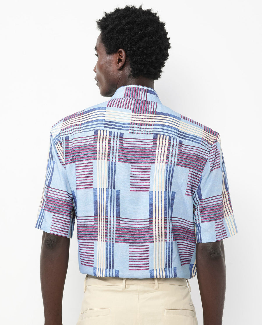 Rare Rabbit Men's Spica Light Blue Viscose Abstract Print Boxy Fit Half Sleeve Collared Shirt