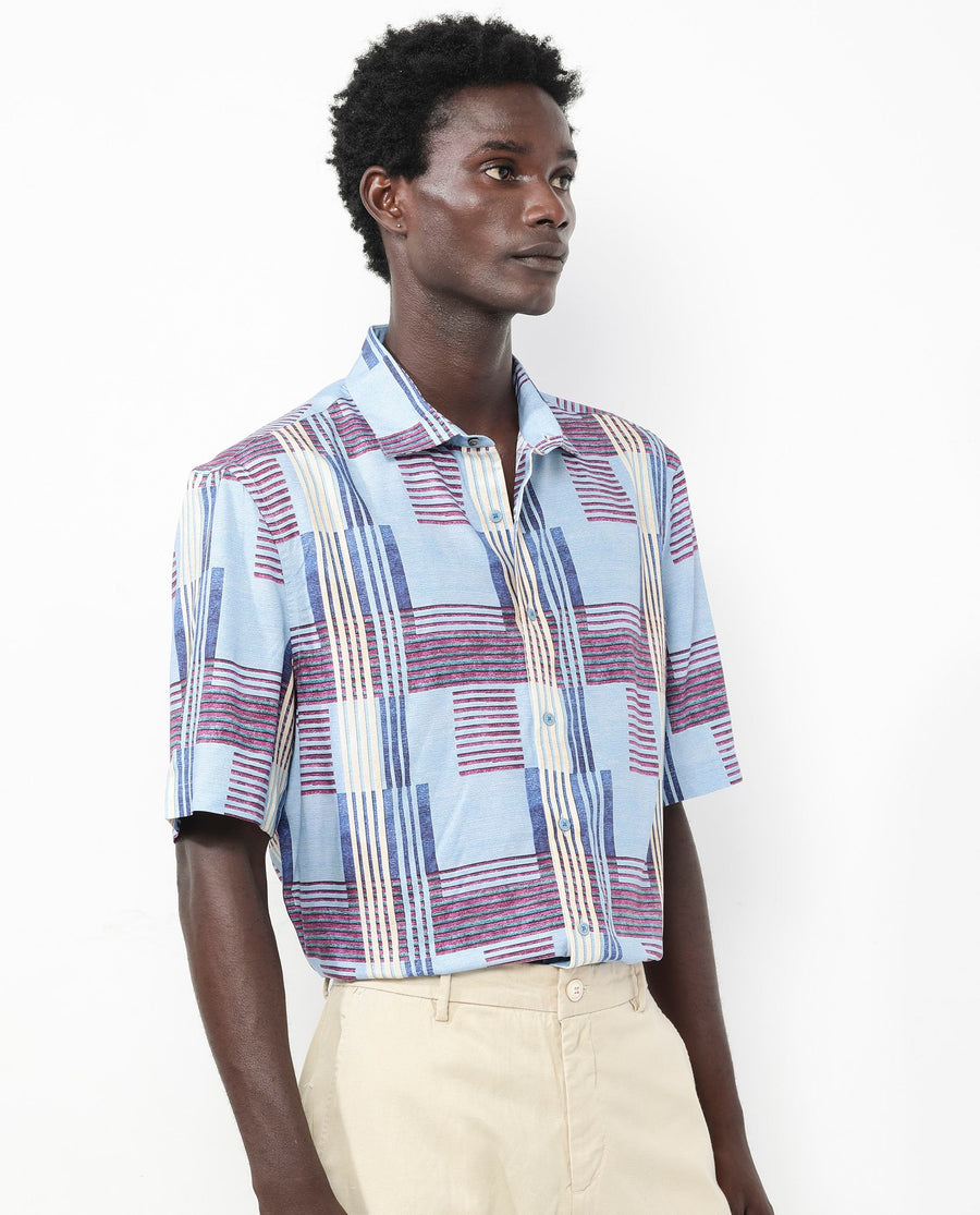 Rare Rabbit Men's Spica Light Blue Viscose Abstract Print Boxy Fit Half Sleeve Collared Shirt