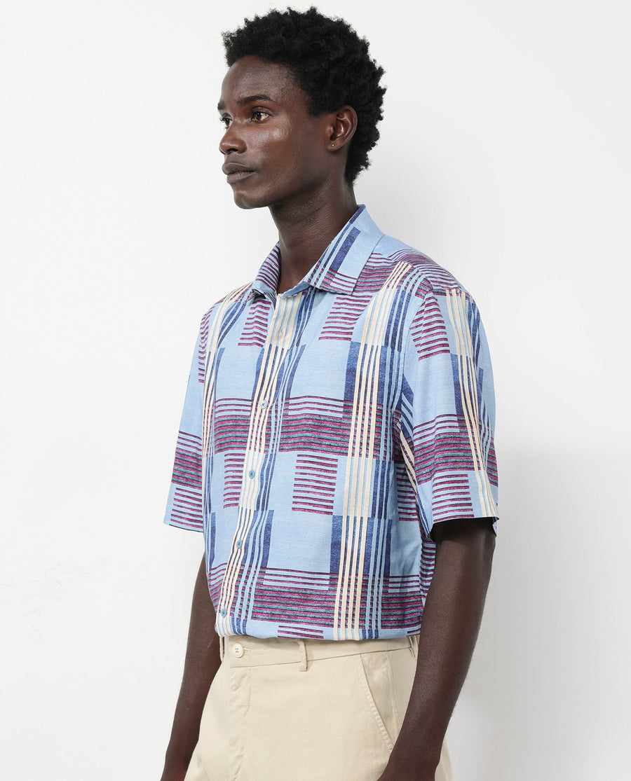 Rare Rabbit Men's Spica Light Blue Viscose Abstract Print Boxy Fit Half Sleeve Collared Shirt