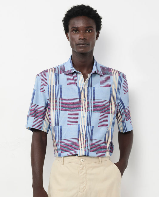 Rare Rabbit Men's Spica Light Blue Viscose Abstract Print Boxy Fit Half Sleeve Collared Shirt