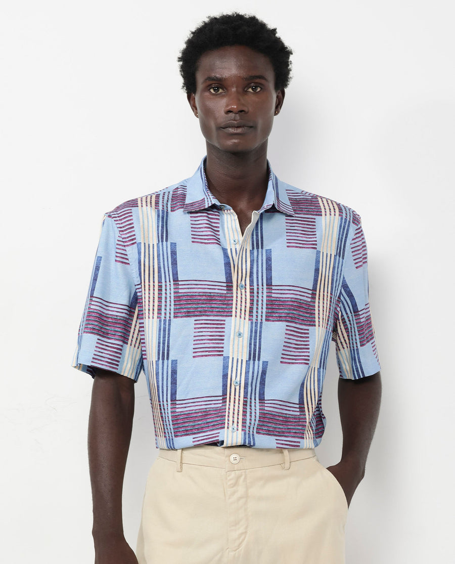 Rare Rabbit Men's Spica Light Blue Viscose Abstract Print Boxy Fit Half Sleeve Collared Shirt