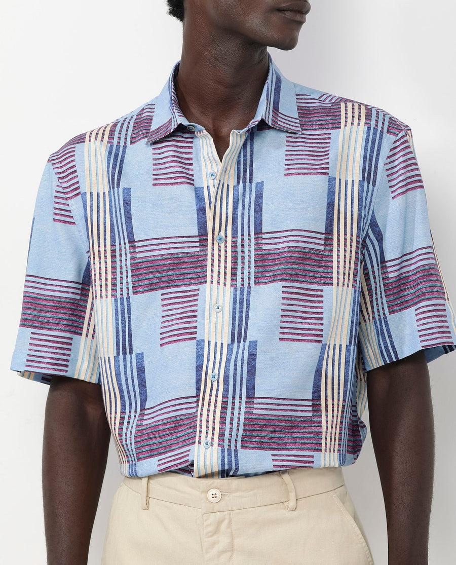 Rare Rabbit Men's Spica Light Blue Viscose Abstract Print Boxy Fit Half Sleeve Collared Shirt