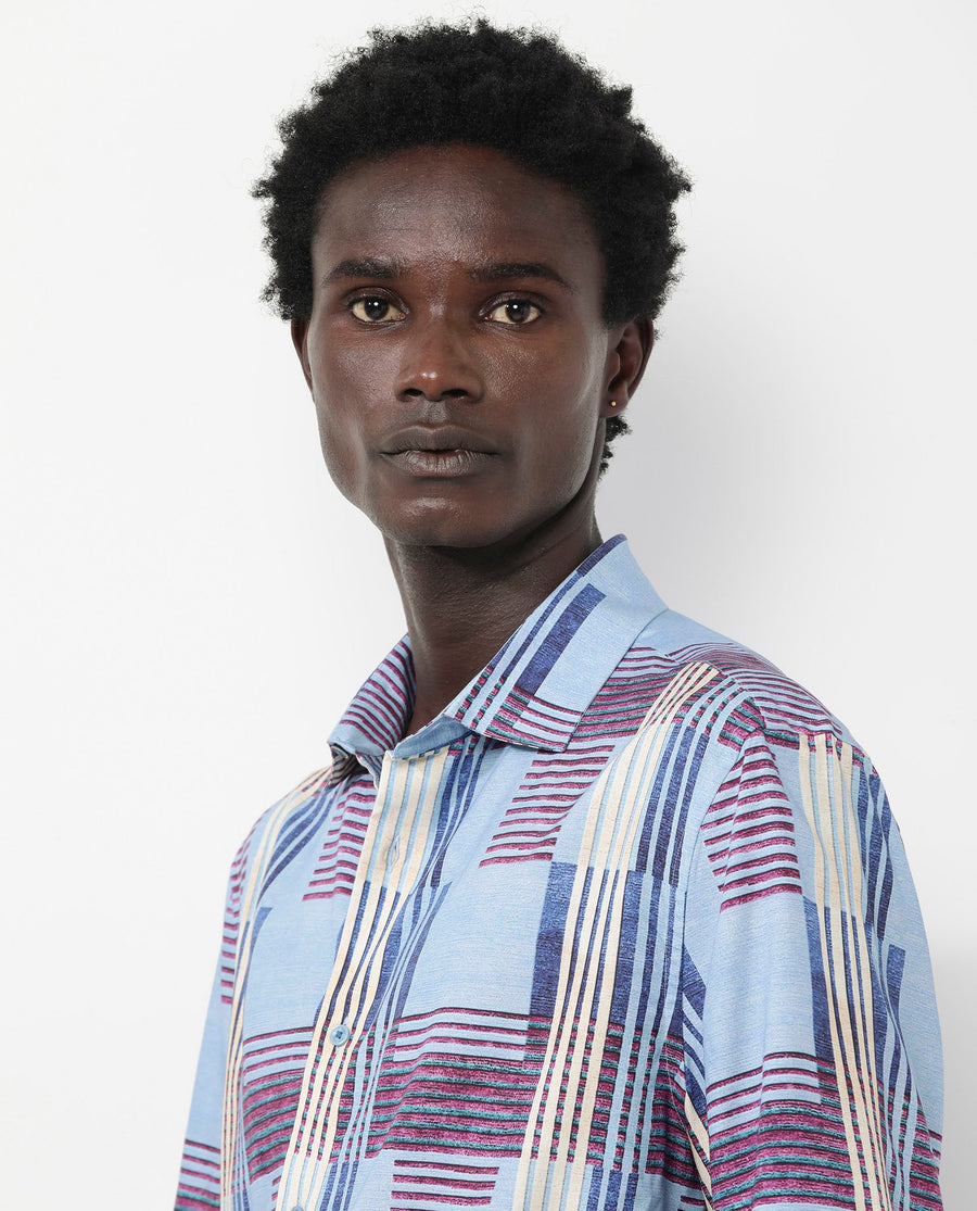 Rare Rabbit Men's Spica Light Blue Viscose Abstract Print Boxy Fit Half Sleeve Collared Shirt