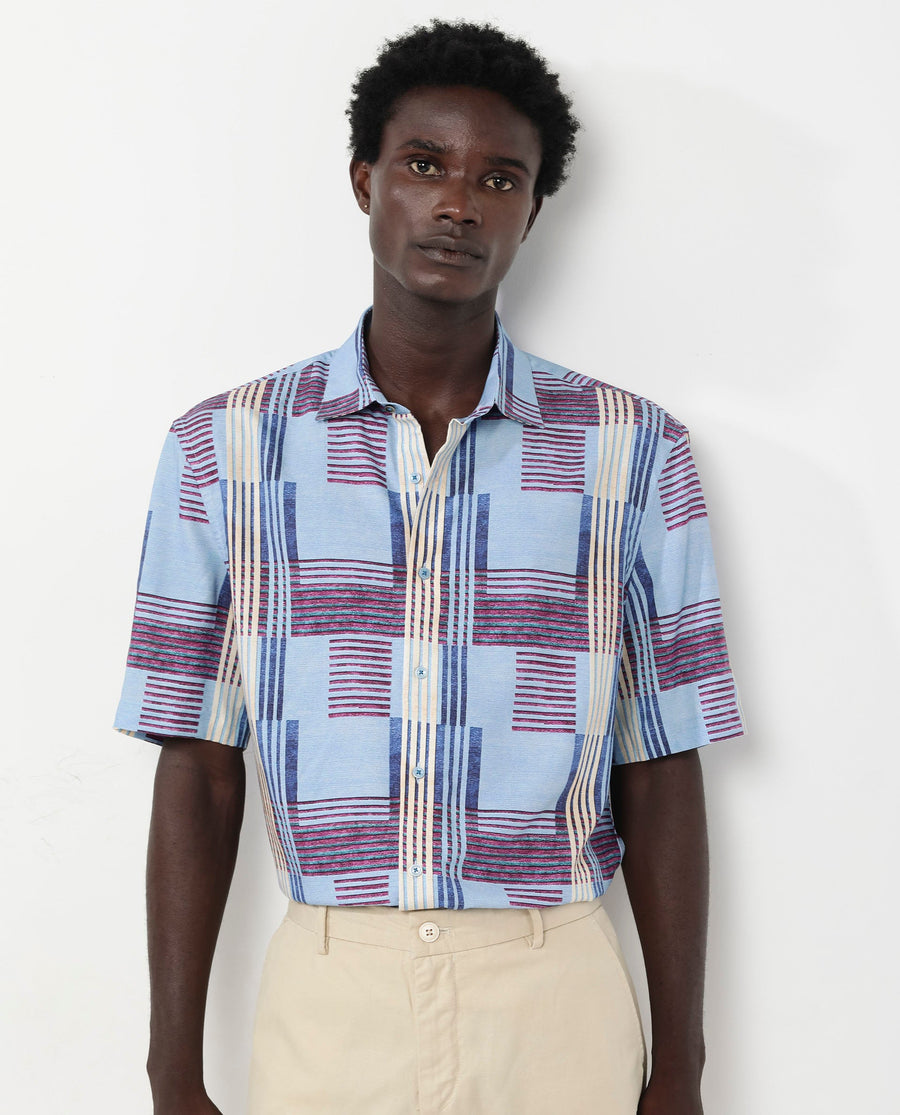 Rare Rabbit Men's Spica Light Blue Viscose Abstract Print Boxy Fit Half Sleeve Collared Shirt