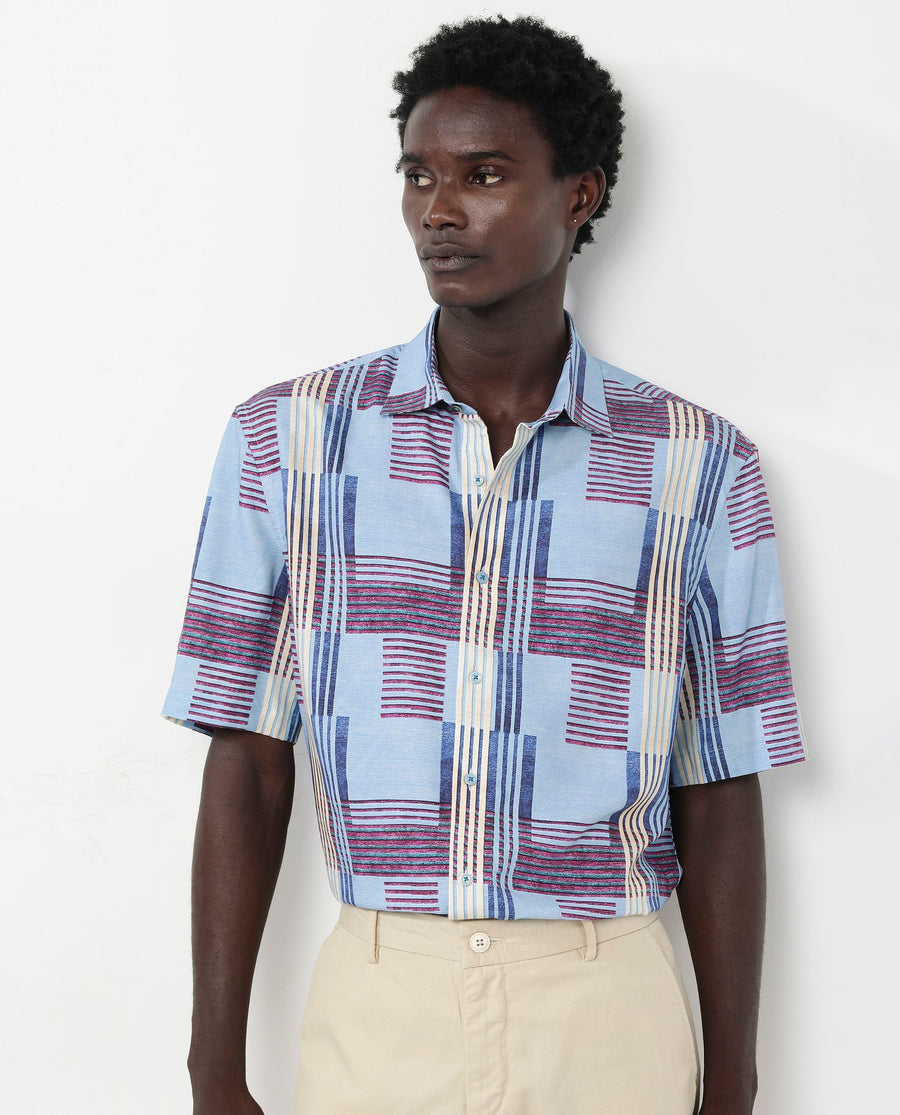 Rare Rabbit Men's Spica Light Blue Viscose Abstract Print Boxy Fit Half Sleeve Collared Shirt