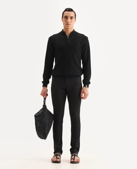 Rare Rabbit Men's Spoke-22 Black Cotton Plain Regular Fit Trouser