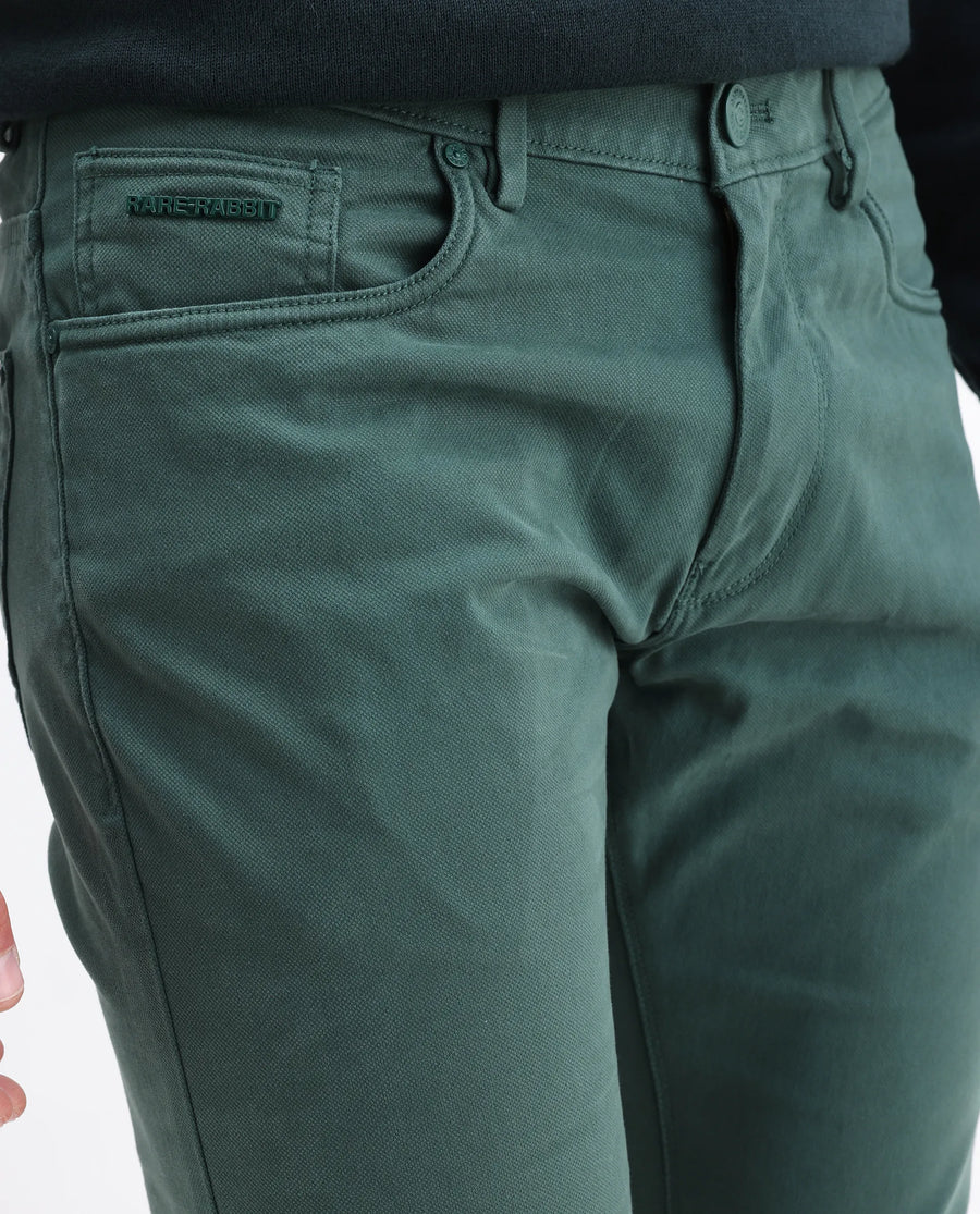 Rare Rabbit Men's Spoke-22 Green Cotton Plain Regular Fit Trouser