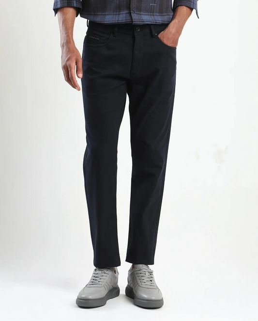 Rare Rabbit Men's Spoke-Aw25 Navy Cotton Blend Plain Regular Fit Trouser