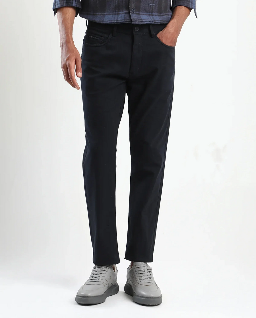 Rare Rabbit Men's Spoke-Aw25 Navy Cotton Blend Plain Regular Fit Trouser