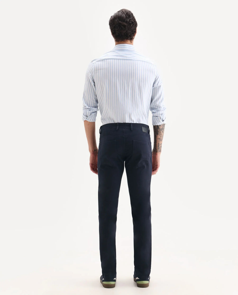 Rare Rabbit Men's Spoke-22 Navy Cotton Plain Regular Fit Trouser