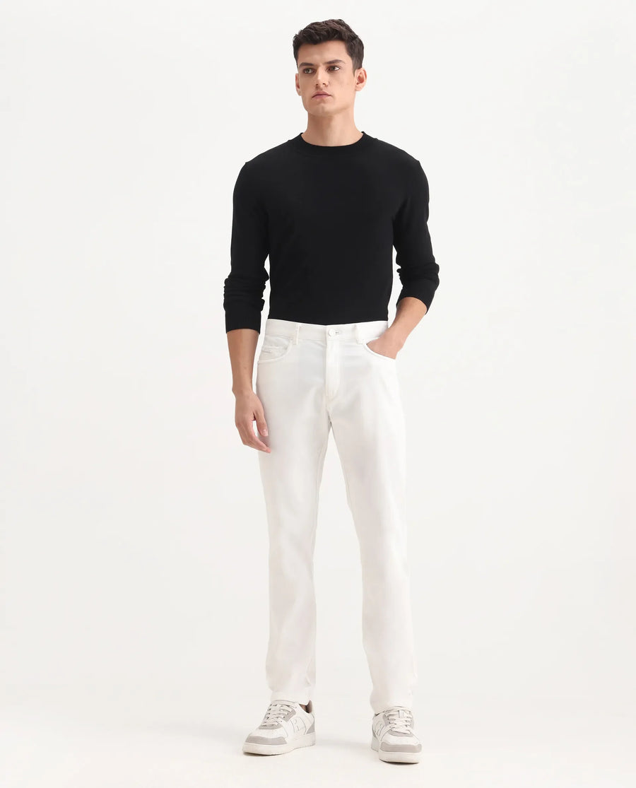 Rare Rabbit Men's Spoke-Aw25 White Cotton Blend Plain Regular Fit Trouser