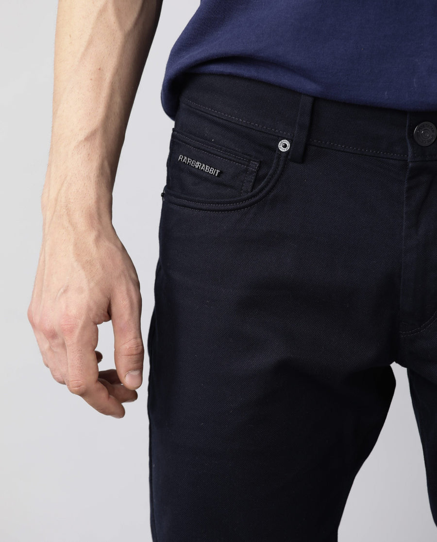 Rare Rabbit Men's Spoke Navy Cotton Plain Regular Fit Trouser