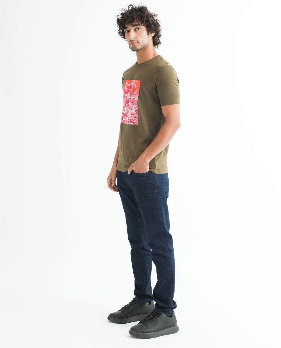 Rare Rabbit Men's Spread Green Cotton Graphic Print Slim Fit Half Sleeve Crew Neck T-Shirt