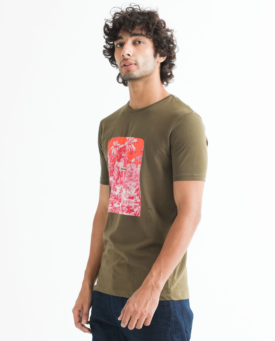 Rare Rabbit Men's Spread Green Cotton Graphic Print Slim Fit Half Sleeve Crew Neck T-Shirt