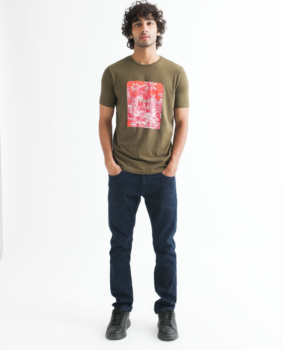 Rare Rabbit Men's Spread Green Cotton Graphic Print Slim Fit Half Sleeve Crew Neck T-Shirt