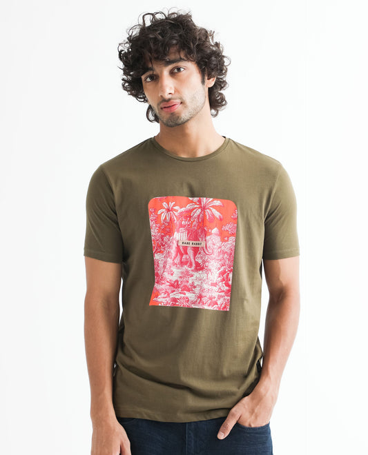 Rare Rabbit Men's Spread Green Cotton Graphic Print Slim Fit Half Sleeve Crew Neck T-Shirt