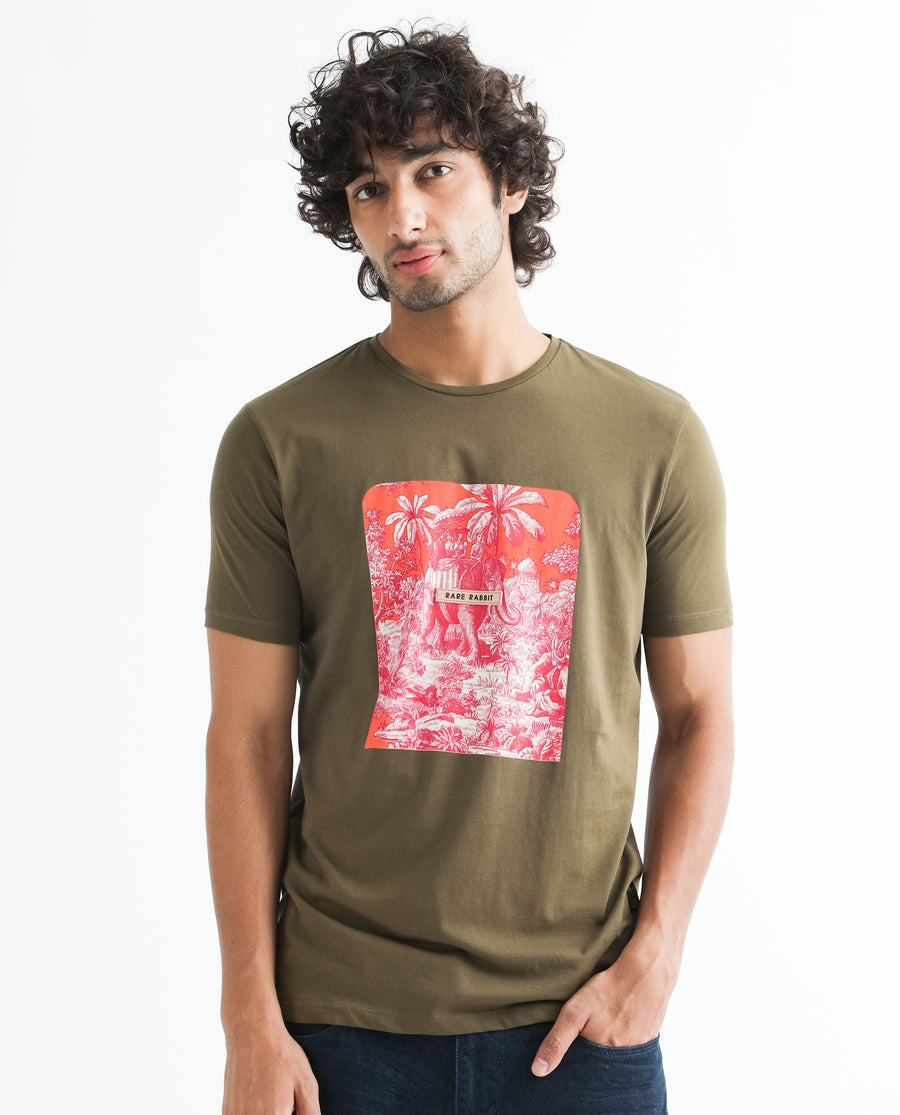 Rare Rabbit Men's Spread Green Cotton Graphic Print Slim Fit Half Sleeve Crew Neck T-Shirt