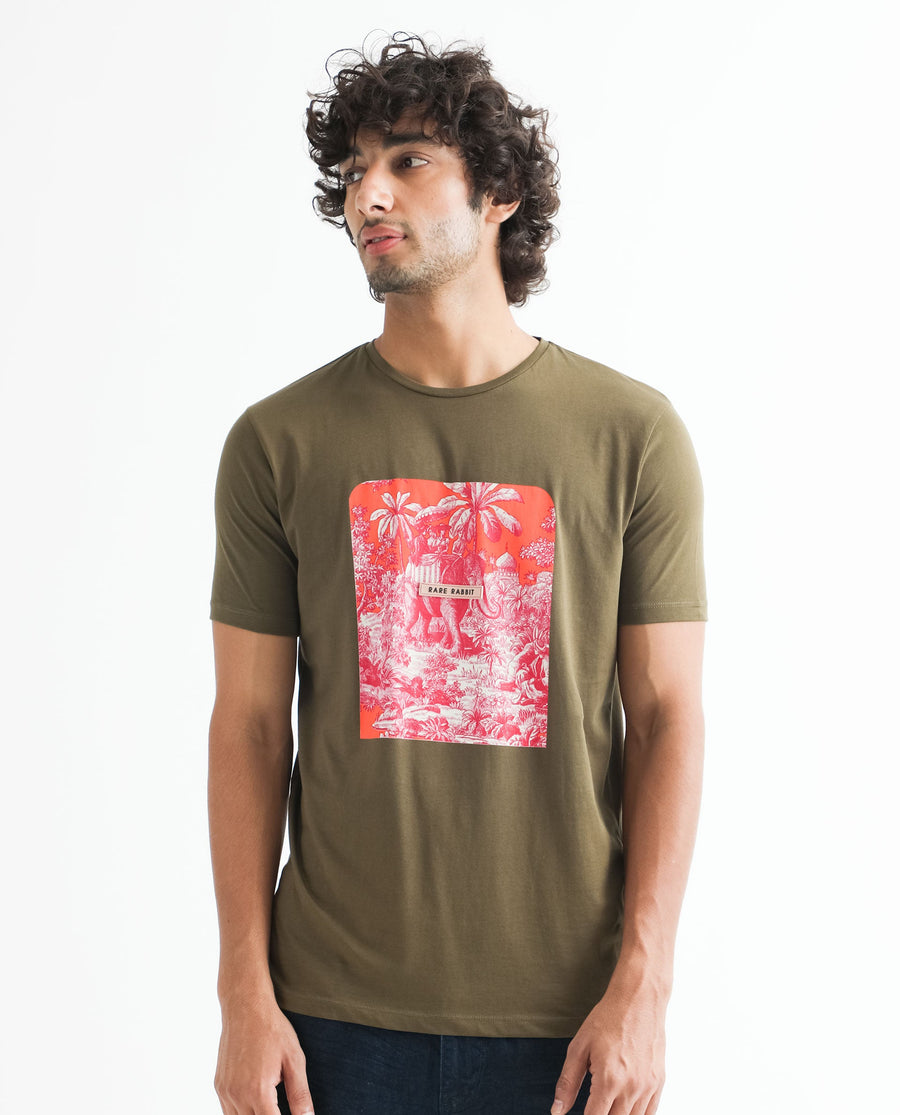 Rare Rabbit Men's Spread Green Cotton Graphic Print Slim Fit Half Sleeve Crew Neck T-Shirt