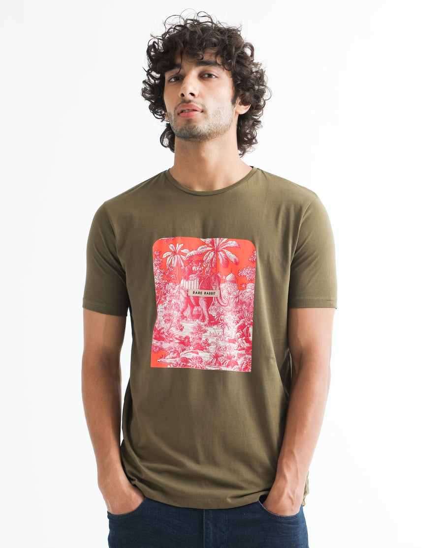 Rare Rabbit Men's Spread Green Cotton Graphic Print Slim Fit Half Sleeve Crew Neck T-Shirt