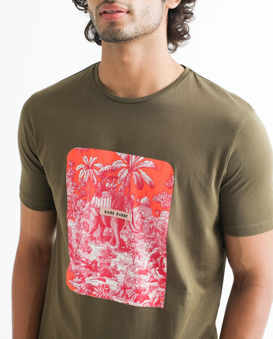Rare Rabbit Men's Spread Green Cotton Graphic Print Slim Fit Half Sleeve Crew Neck T-Shirt