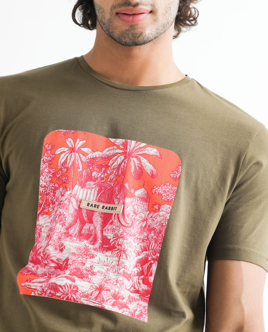 Rare Rabbit Men's Spread Green Cotton Graphic Print Slim Fit Half Sleeve Crew Neck T-Shirt