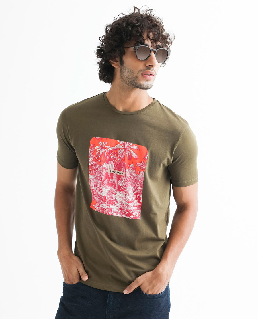 Rare Rabbit Men's Spread Green Cotton Graphic Print Slim Fit Half Sleeve Crew Neck T-Shirt