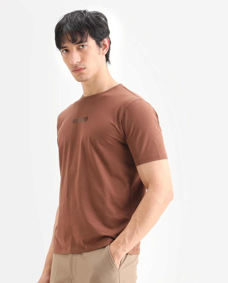 Rare Rabbit Men's Spur Pastel Brown Cotton Blend Fabric Half Sleeve Crew Neck Regular Fit Graphic Print T-Shirt