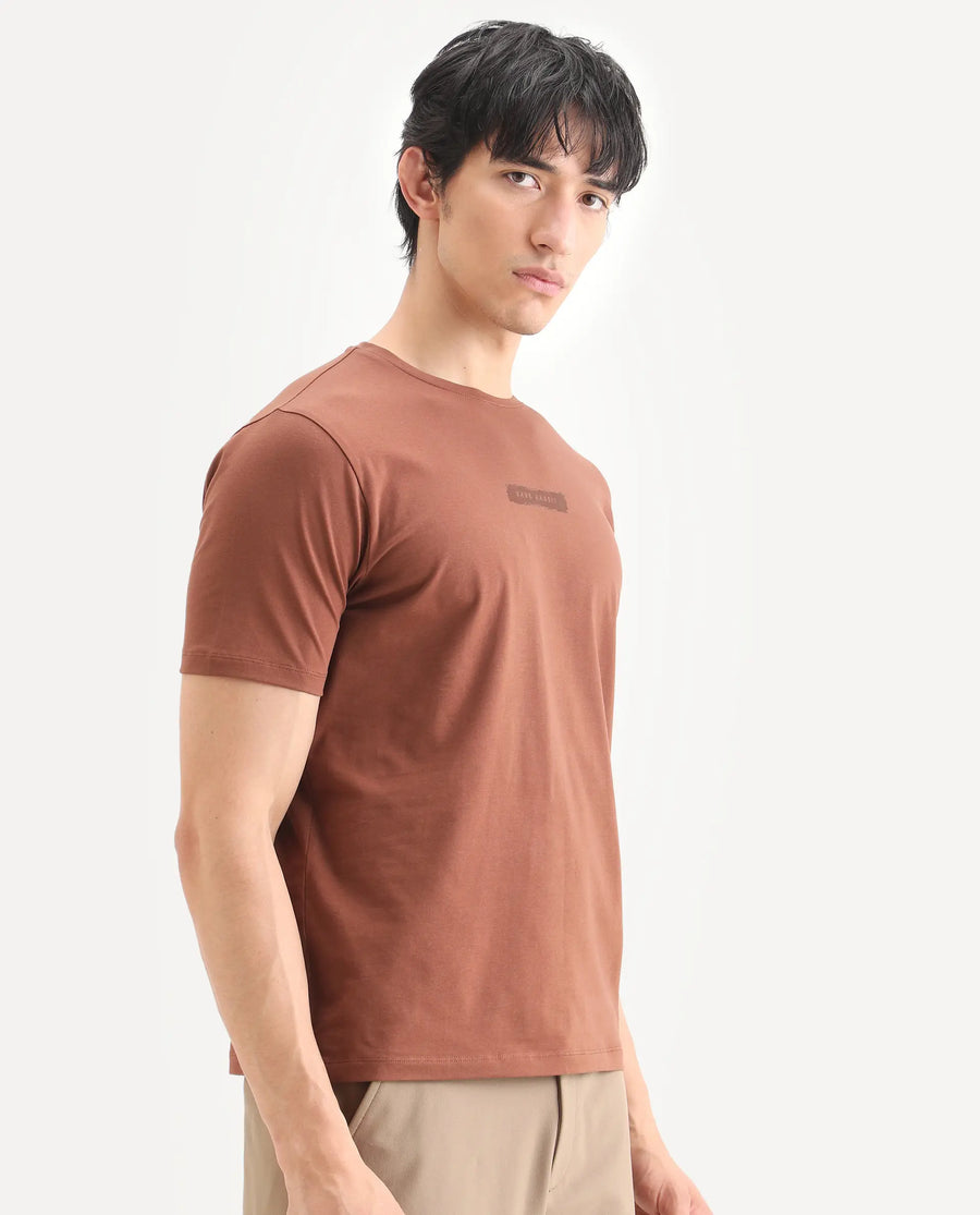 Rare Rabbit Men's Spur Pastel Brown Cotton Blend Fabric Half Sleeve Crew Neck Regular Fit Graphic Print T-Shirt