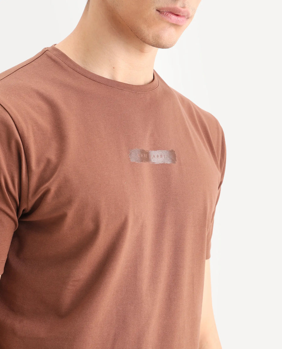 Rare Rabbit Men's Spur Pastel Brown Cotton Blend Fabric Half Sleeve Crew Neck Regular Fit Graphic Print T-Shirt