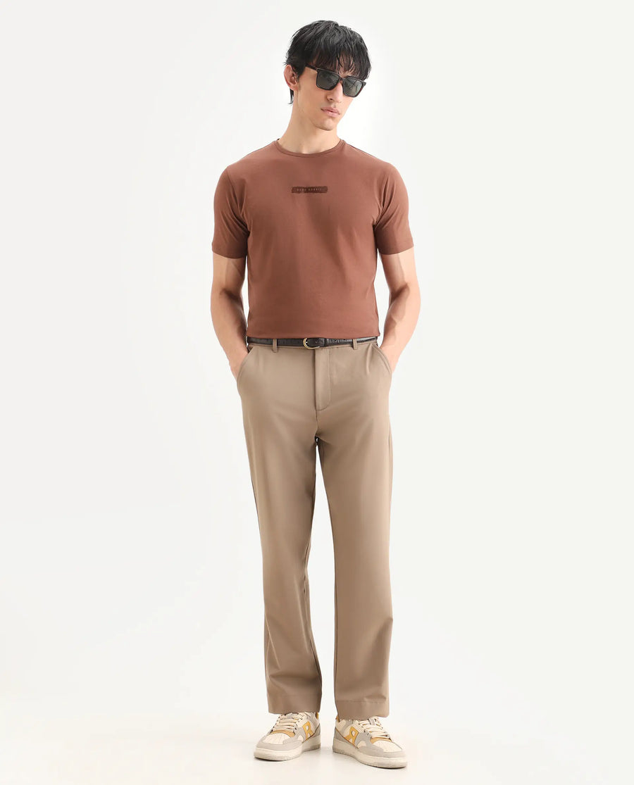 Rare Rabbit Men's Spur Pastel Brown Cotton Blend Fabric Half Sleeve Crew Neck Regular Fit Graphic Print T-Shirt