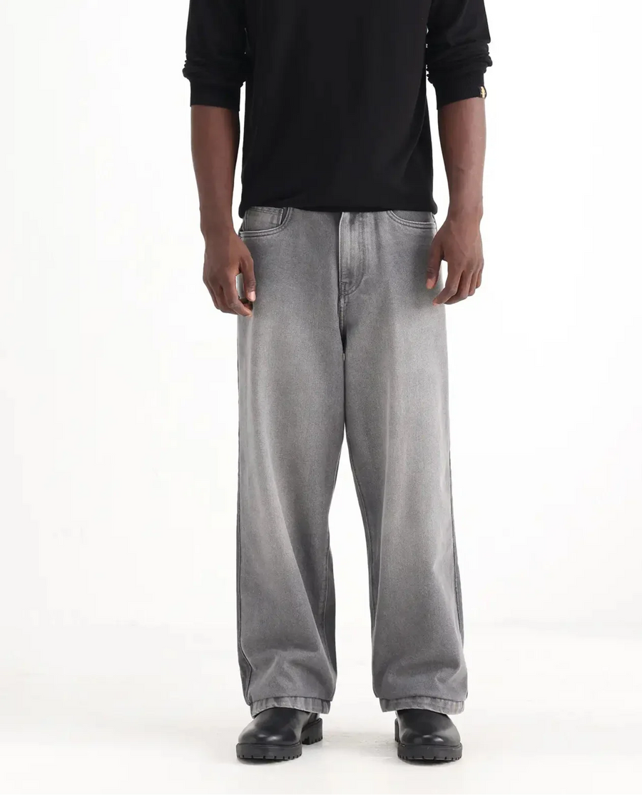 Rare Rabbit Men's Srito Grey Cotton Plain Baggy Fit Jeans