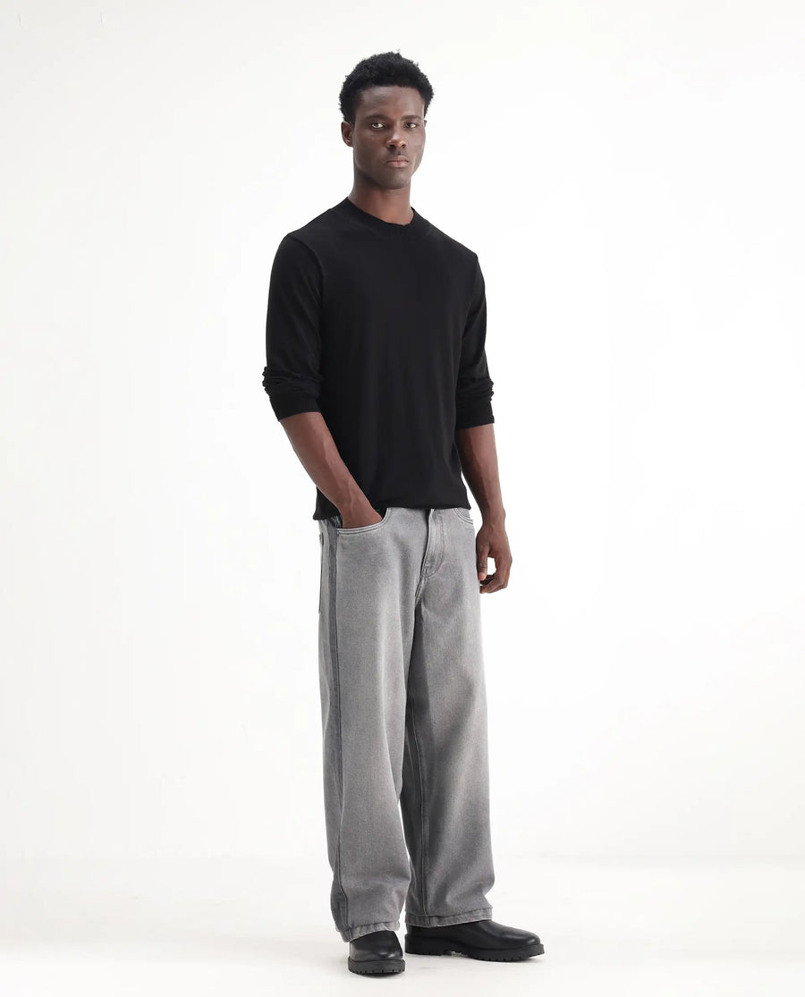 Rare Rabbit Men's Srito Grey Cotton Plain Baggy Fit Jeans