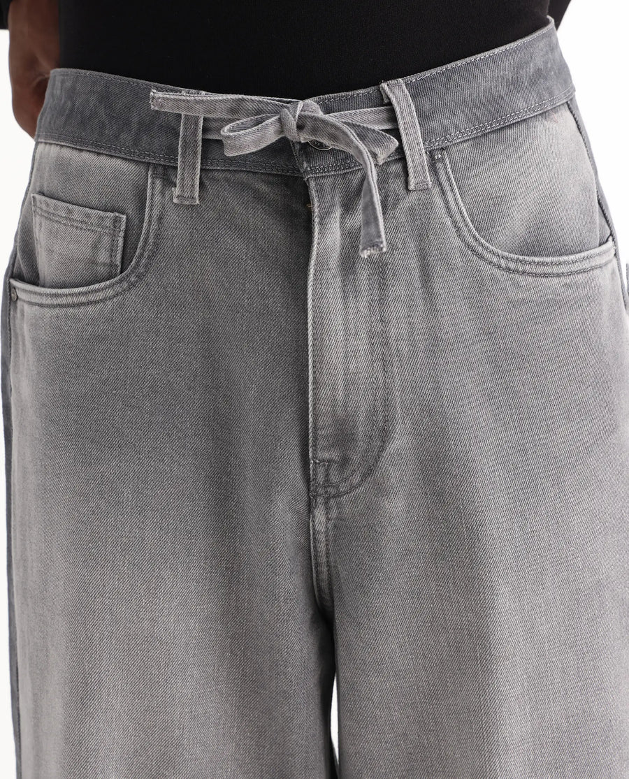 Rare Rabbit Men's Srito Grey Cotton Plain Baggy Fit Jeans