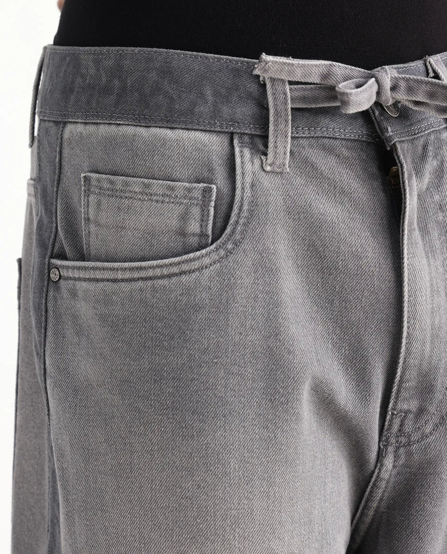Rare Rabbit Men's Srito Grey Cotton Plain Baggy Fit Jeans