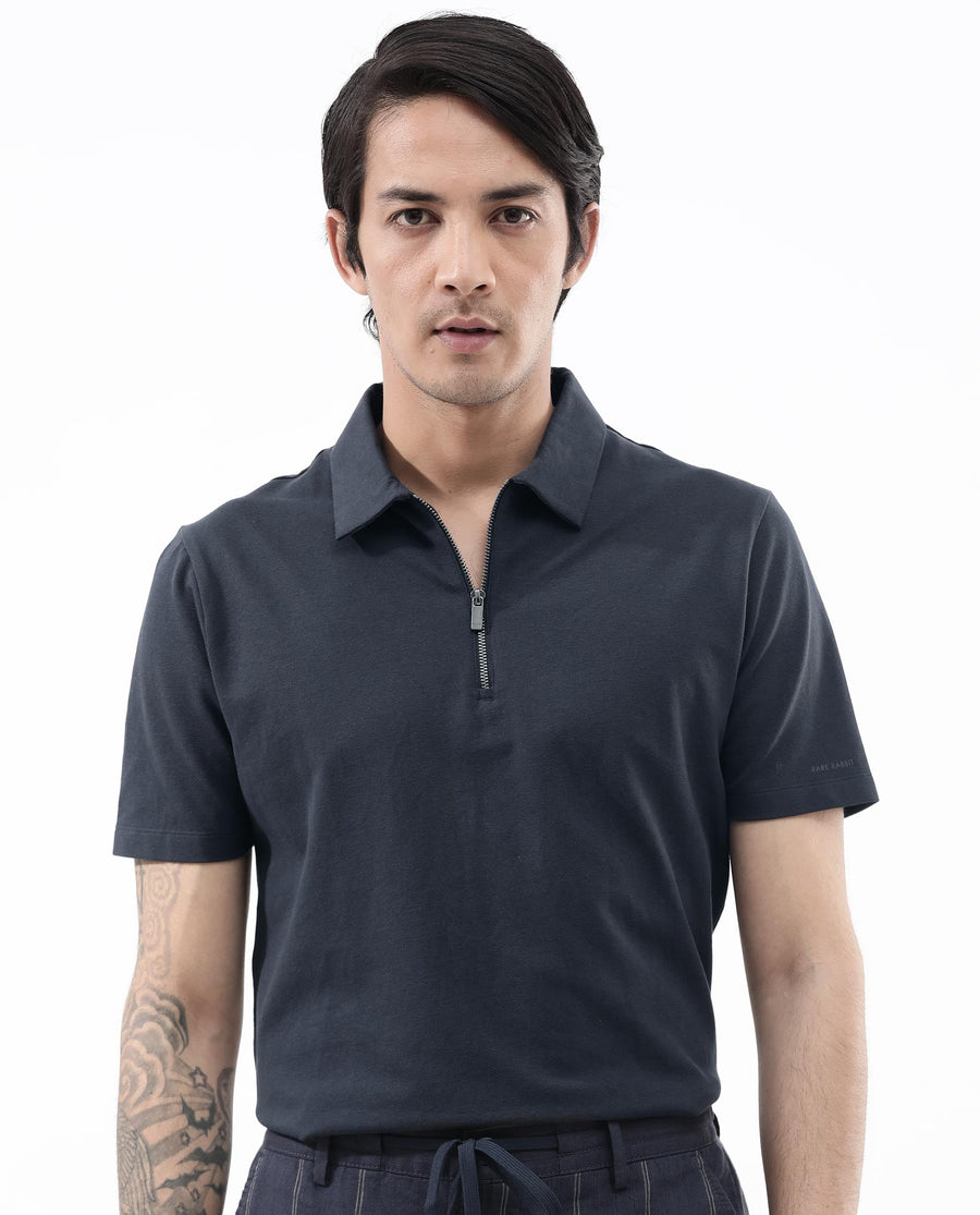 Rare Rabbit Men's Stan2 Dusky Navy Cotton Blend Plain Regular Fit Half Sleeve Polo
