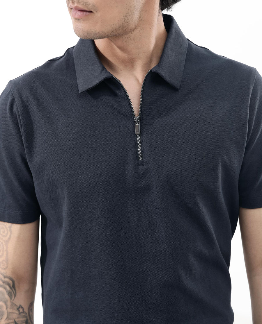 Rare Rabbit Men's Stan2 Dusky Navy Cotton Blend Plain Regular Fit Half Sleeve Polo