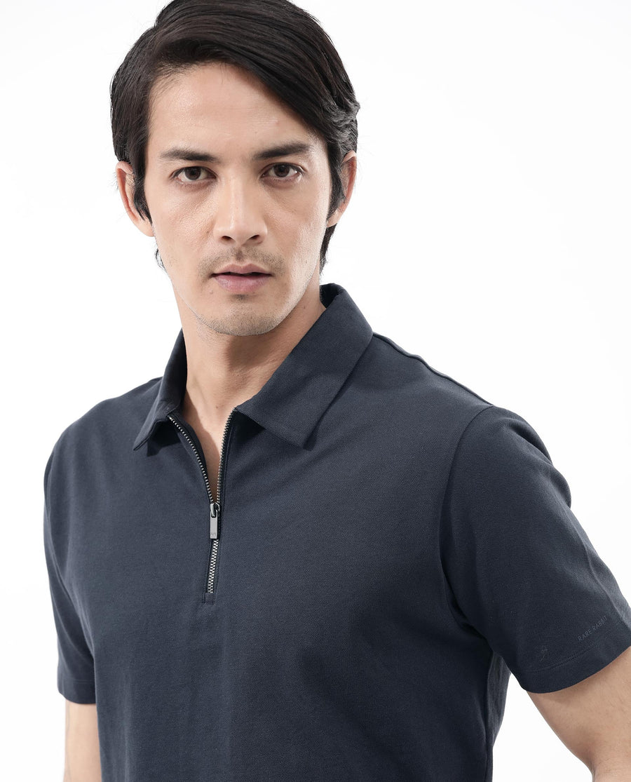 Rare Rabbit Men's Stan2 Dusky Navy Cotton Blend Plain Regular Fit Half Sleeve Polo