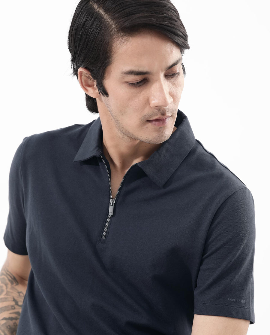 Rare Rabbit Men's Stan2 Dusky Navy Cotton Blend Plain Regular Fit Half Sleeve Polo