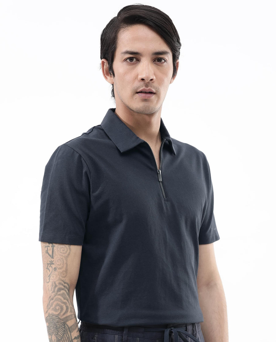 Rare Rabbit Men's Stan2 Dusky Navy Cotton Blend Plain Regular Fit Half Sleeve Polo
