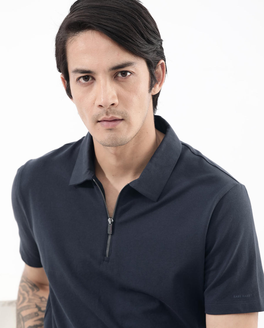 Rare Rabbit Men's Stan2 Dusky Navy Cotton Blend Plain Regular Fit Half Sleeve Polo