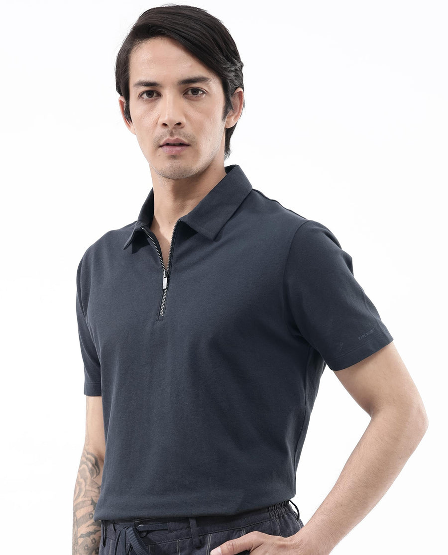 Rare Rabbit Men's Stan2 Dusky Navy Cotton Blend Plain Regular Fit Half Sleeve Polo