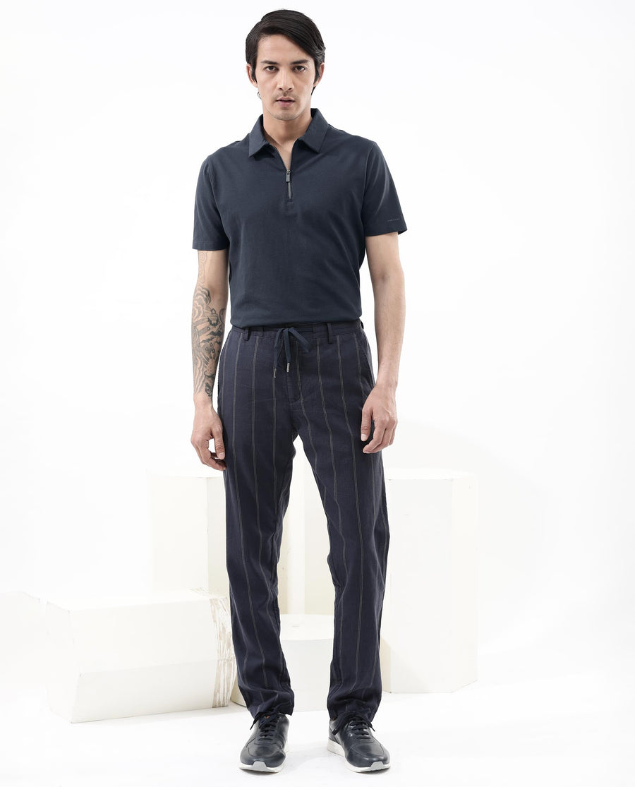 Rare Rabbit Men's Stan2 Dusky Navy Cotton Blend Plain Regular Fit Half Sleeve Polo